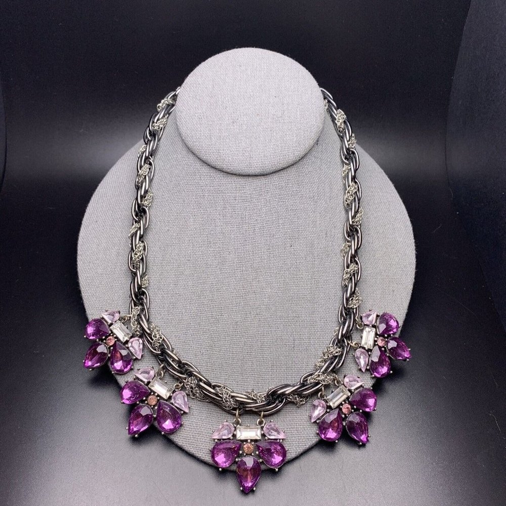 Lane Bryant Statement Necklace Purple Rhinestone Gunmetal Silver Tone Woven